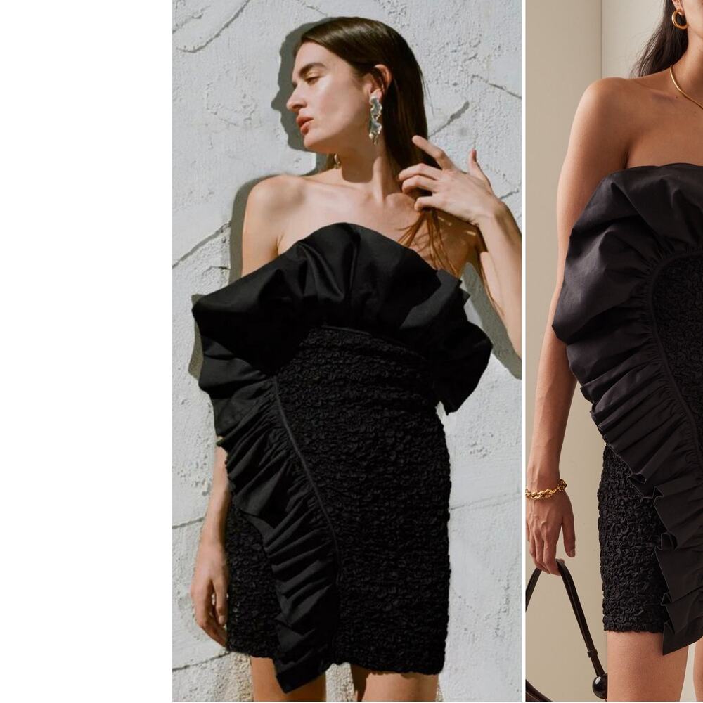 Mara Hoffman Alycia Popcorn Smocked Ruffle Strapless LBD Mini Dress Size L